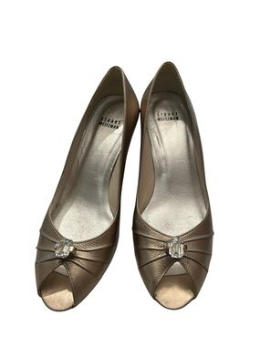 Stuart Weitzman Metallic Silver Peep-Toe Flats with Crystal Accent